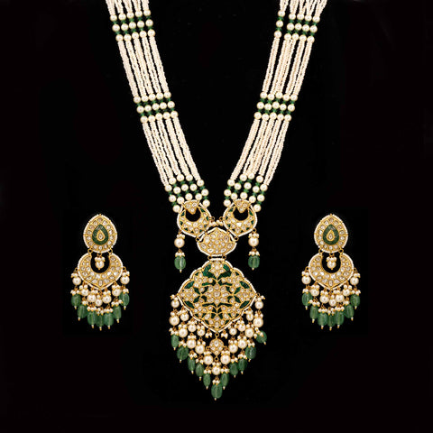 Long Polki Diamond and Green Stone Pendant Set