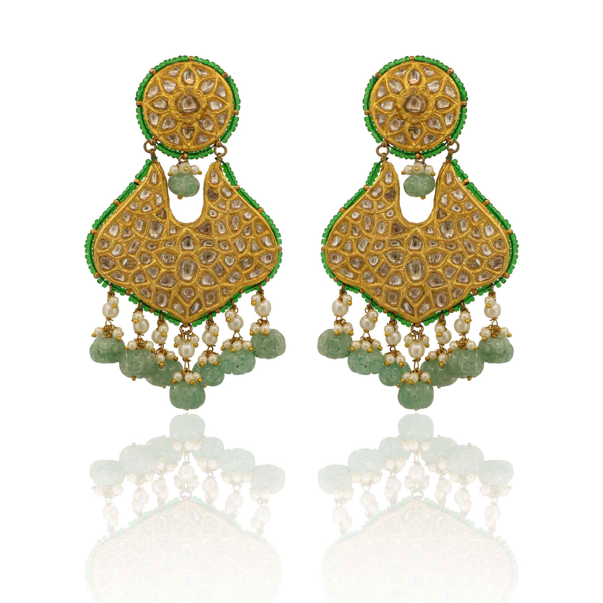 The Zamarud Carved Emerald Polki Chandbalis