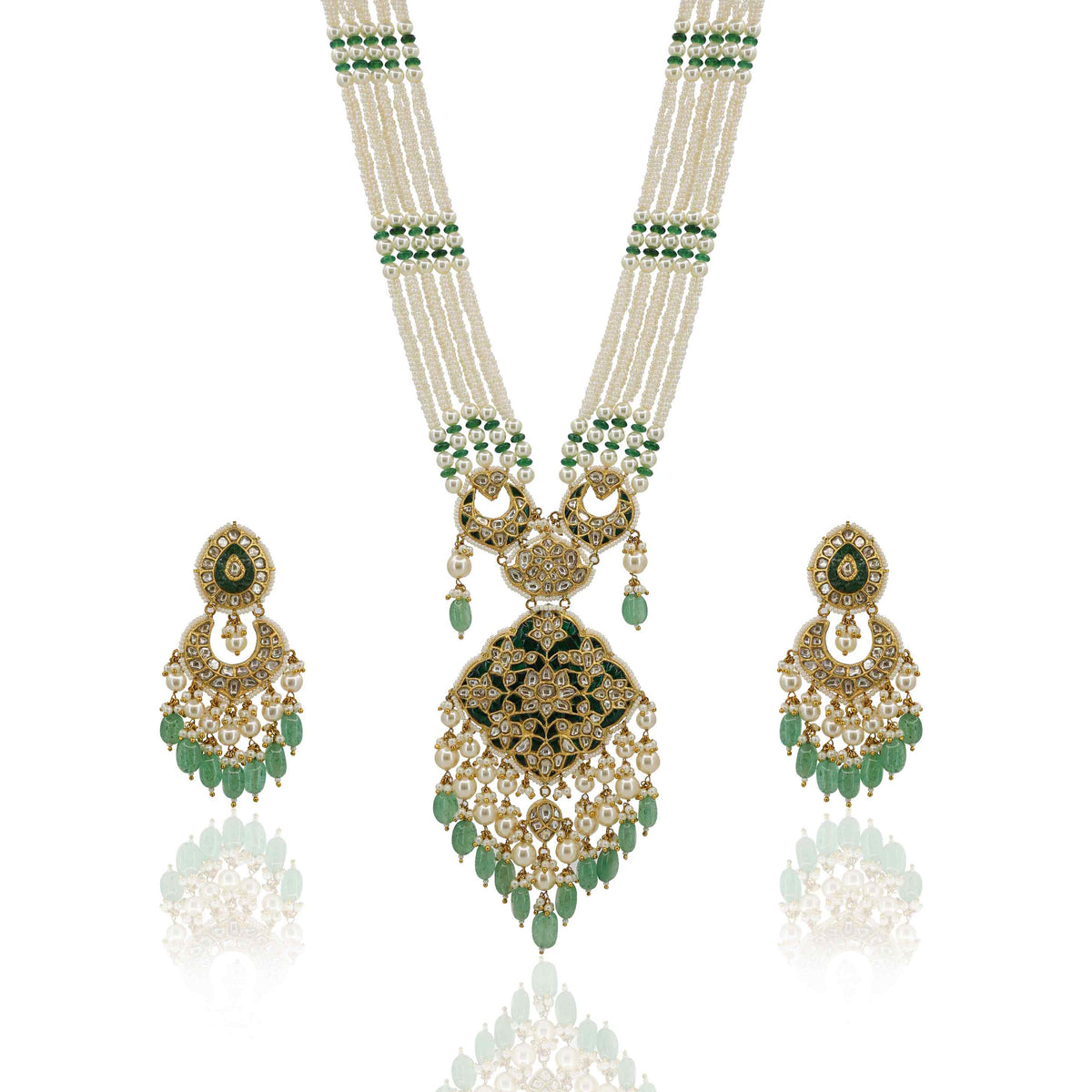 Long Polki Diamond and Green Stone Pendant Set