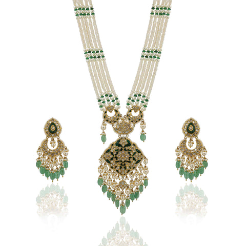 Long Polki Diamond and Green Stone Pendant Set