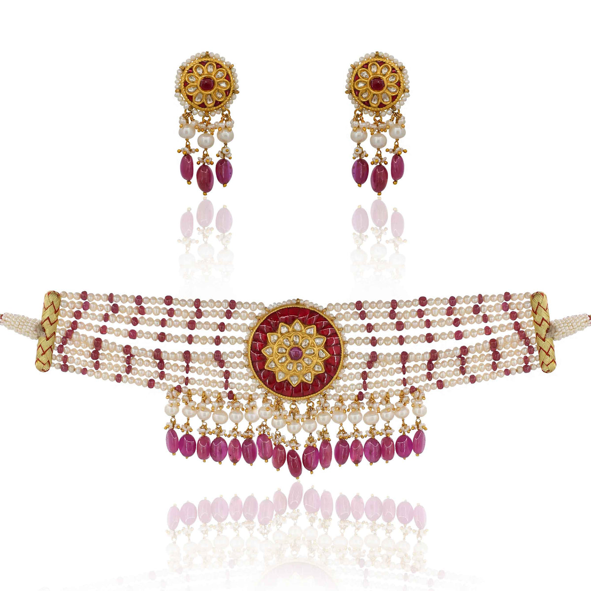 Polki Diamond & Ruby Glass Filling Choker Necklace Set