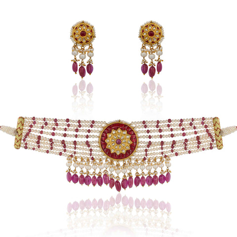 Polki Diamond & Ruby Glass Filling Choker Necklace Set