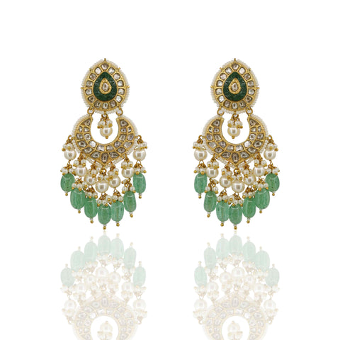 Long Polki Diamond and Green Stone Pendant Set