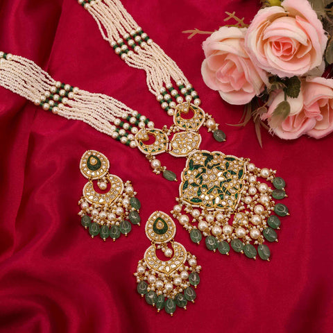 Long Polki Diamond and Green Stone Pendant Set