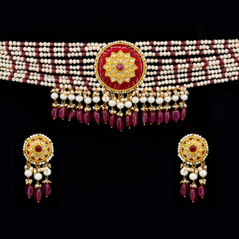Polki Diamond & Ruby Glass Filling Choker Necklace Set