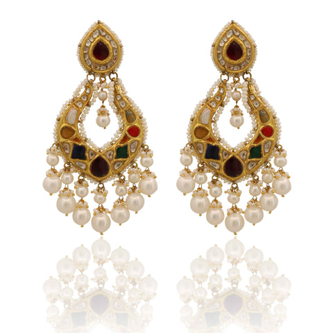 Rang Mahal Navratna Style & Pearl Drop Earrings