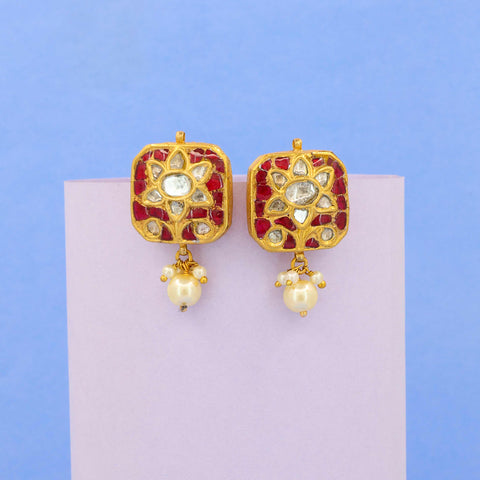 Gold Kundan and Polki Earring with Ruby and Pearl