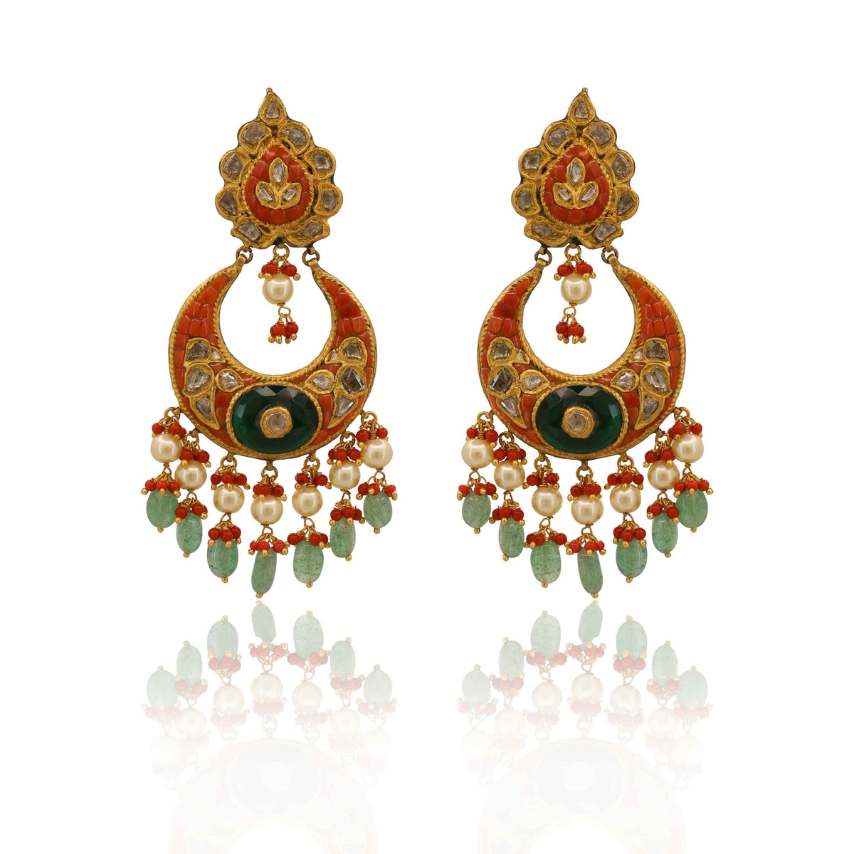 Heirloom Coral-Green Crescent Earrings