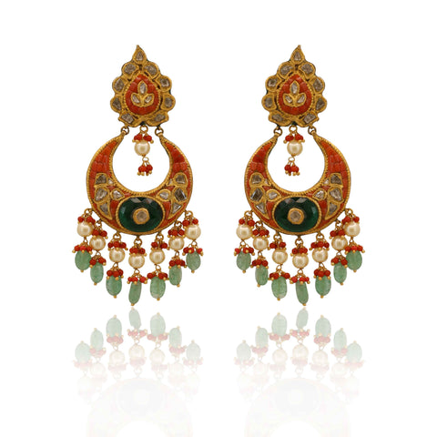 Heirloom Coral-Green Crescent Earrings