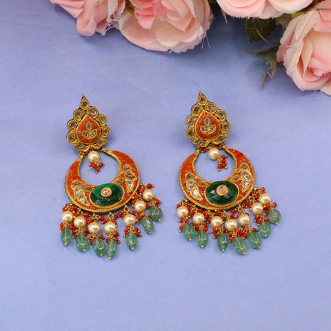 Heirloom Coral-Green Crescent Earrings