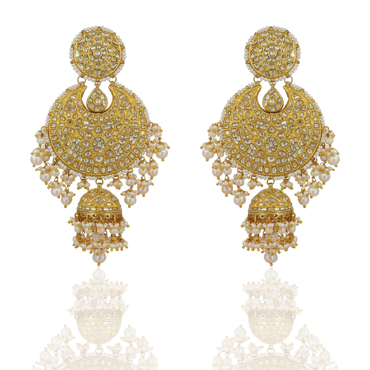 Gold Polki Crescent & Jhumka Earrings