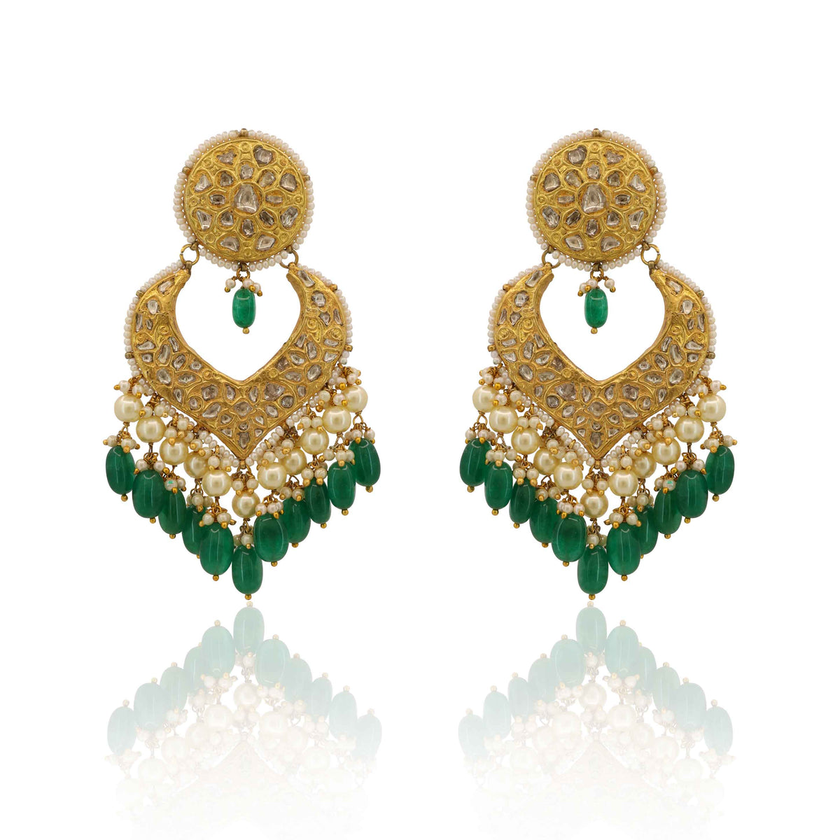 Jahanara Pearl & Green Accent Polki Chandbalis