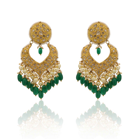 Jahanara Pearl & Green Accent Polki Chandbalis