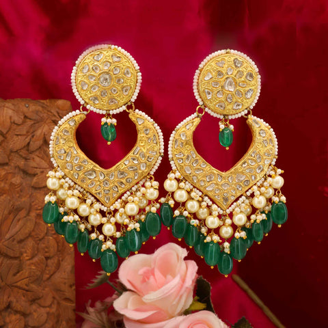 Jahanara Pearl & Green Accent Polki Chandbalis