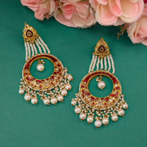 Nizami Pearl String & Ruby Polki Jhoomar Earrings