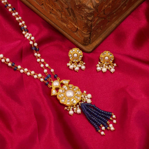 Tanzanite Tassel Polki & Pearl Stringed Pendant Set