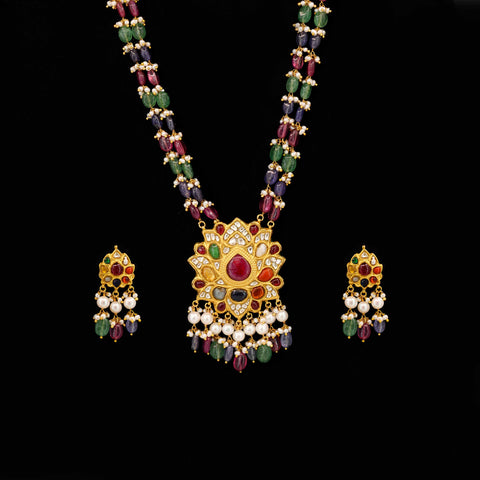 Multi-Color Gemstone Mala with Navratna Polki Pendant Set