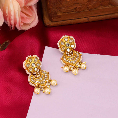 Gold Thappa Polki Flower & Crescent Earrings