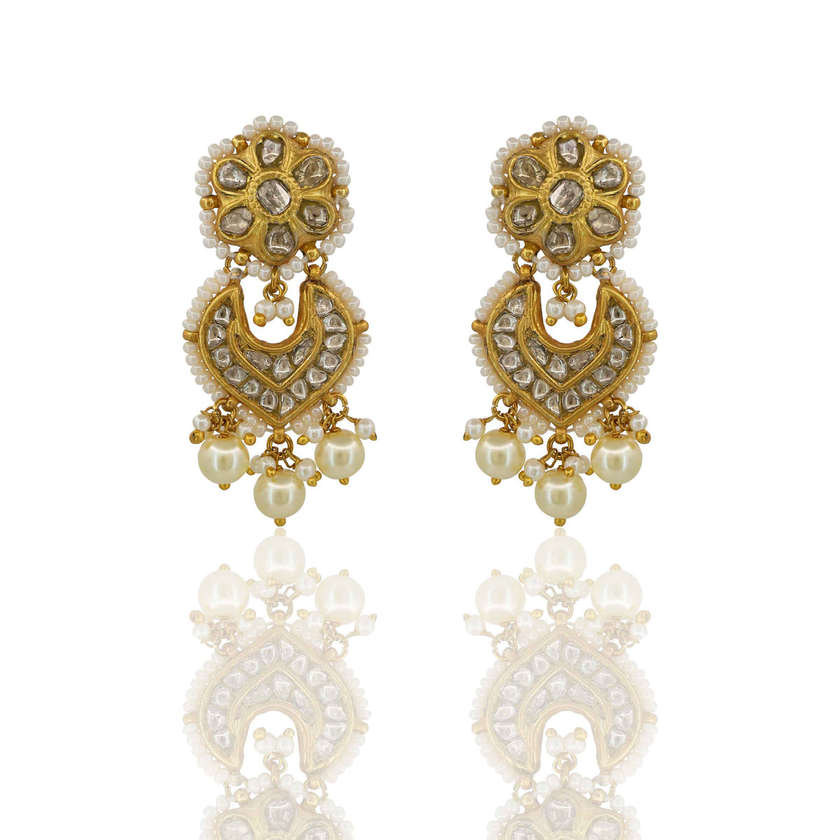 Gold Thappa Polki Flower & Crescent Earrings