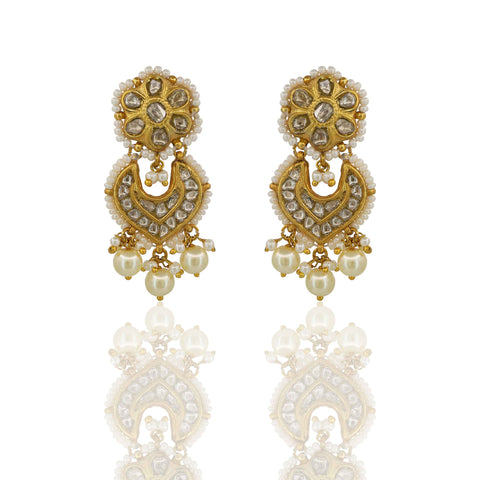 Gold Thappa Polki Flower & Crescent Earrings