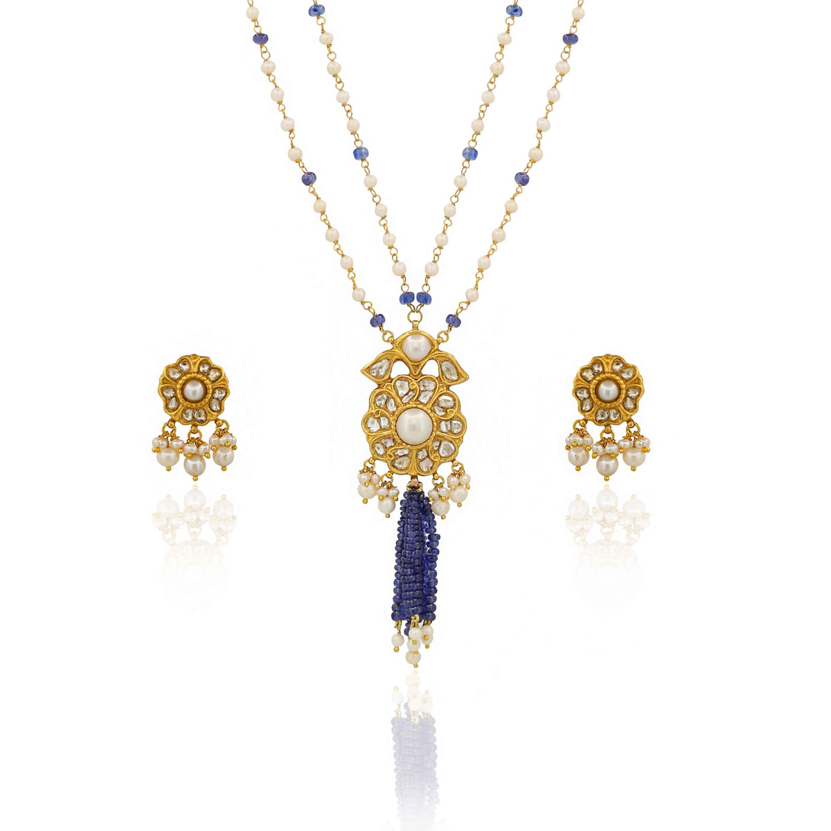 Tanzanite Tassel Polki & Pearl Stringed Pendant Set
