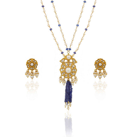 Tanzanite Tassel Polki & Pearl Stringed Pendant Set