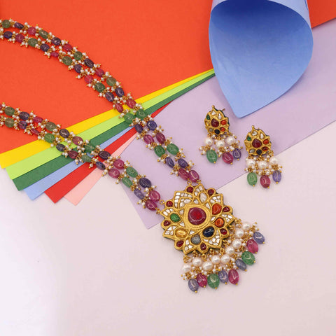 Multi-Color Gemstone Mala with Navratna Polki Pendant Set