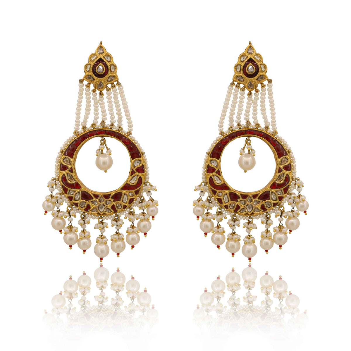 Nizami Pearl String & Ruby Polki Jhoomar Earrings