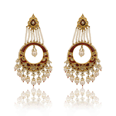 Nizami Pearl String & Ruby Polki Jhoomar Earrings