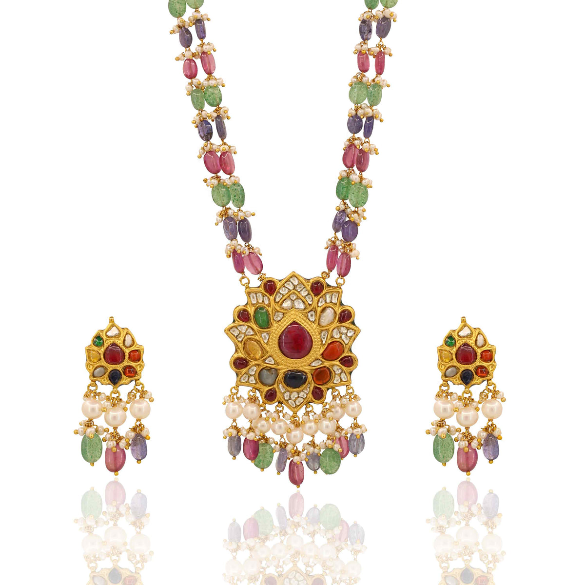 Multi-Color Gemstone Mala with Navratna Polki Pendant Set