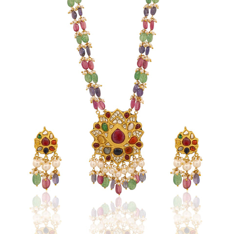 Multi-Color Gemstone Mala with Navratna Polki Pendant Set