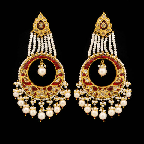 Nizami Pearl String & Ruby Polki Jhoomar Earrings
