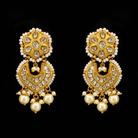 Gold Thappa Polki Flower & Crescent Earrings
