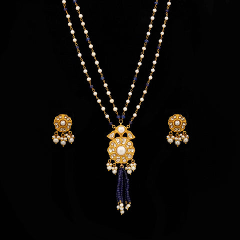 Tanzanite Tassel Polki & Pearl Stringed Pendant Set