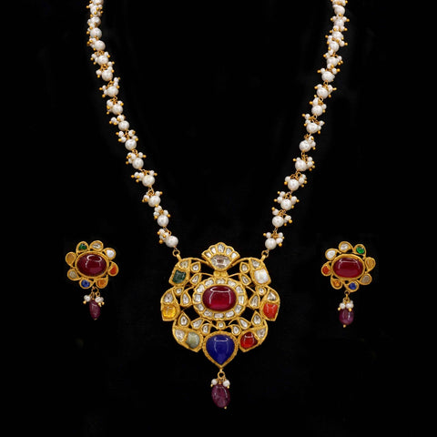 22K Gold Navratna Pendant Set featuring Natural Syndicate Polki Diamonds