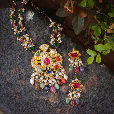 Gold Navratna Polki Diamond & Multi-Gemstone Stringed Pendant Set