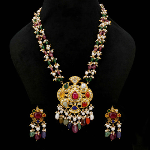 Gold Navratna Polki Diamond & Multi-Gemstone Stringed Pendant Set