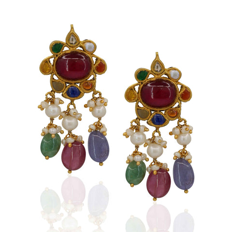 Gold Navratna Polki Diamond & Multi-Gemstone Stringed Pendant Set
