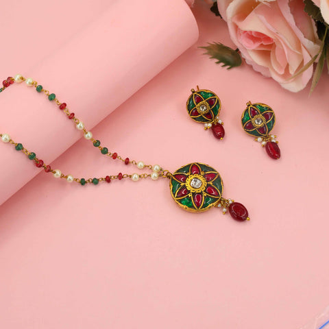 Intricate Floral Polki & Emerald-Ruby Pendant Set