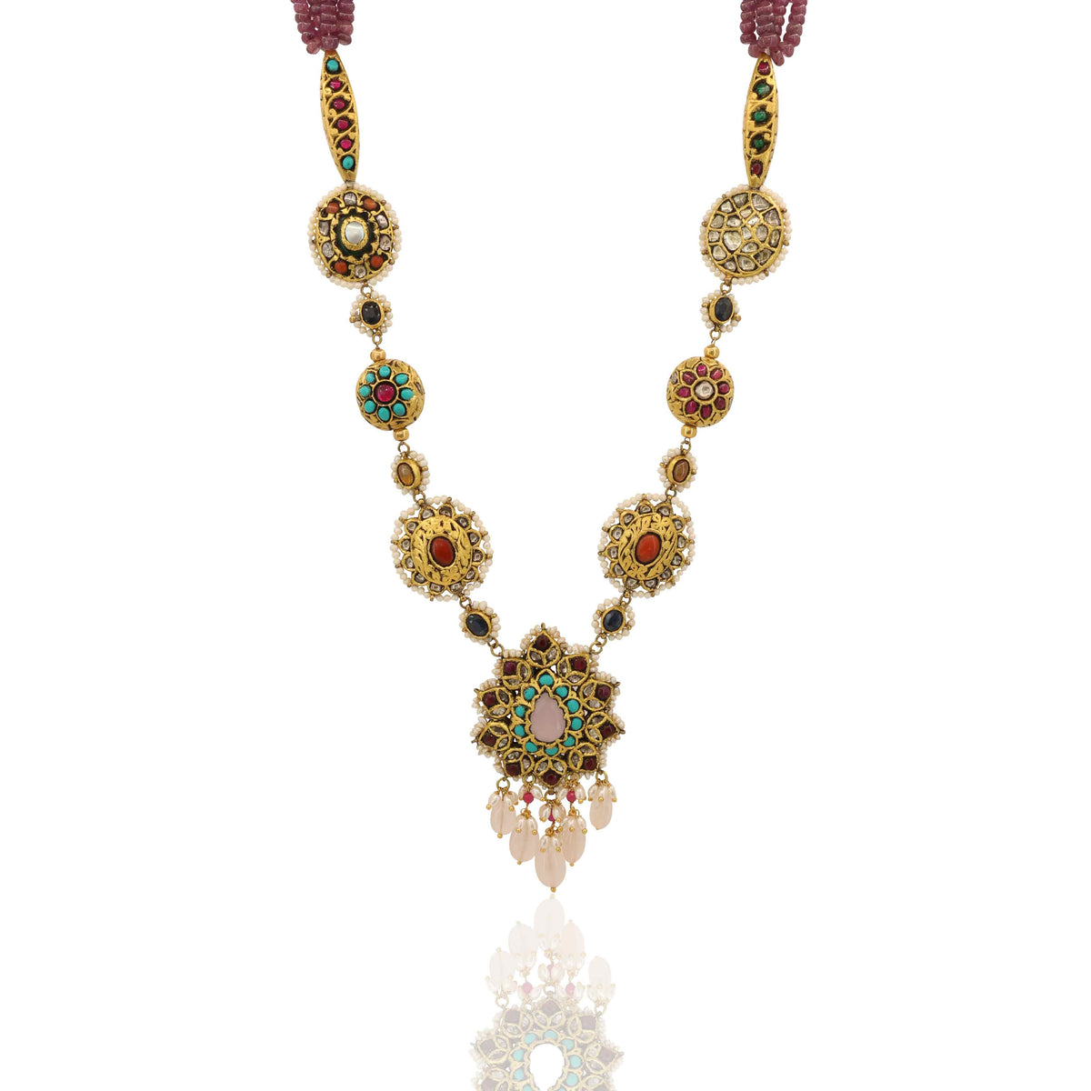 Antique Multi-Stone Gold Polki Pendant Necklace