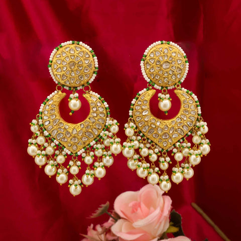 Jahanara Pearl & Green Bead Polki Chandbalis