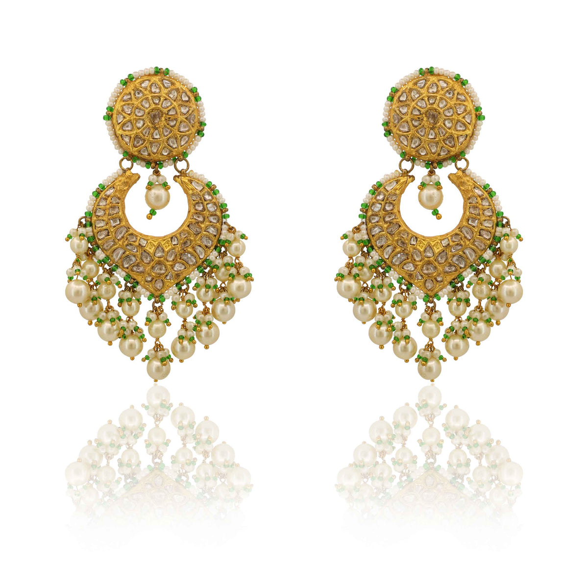 Jahanara Pearl & Green Bead Polki Chandbalis