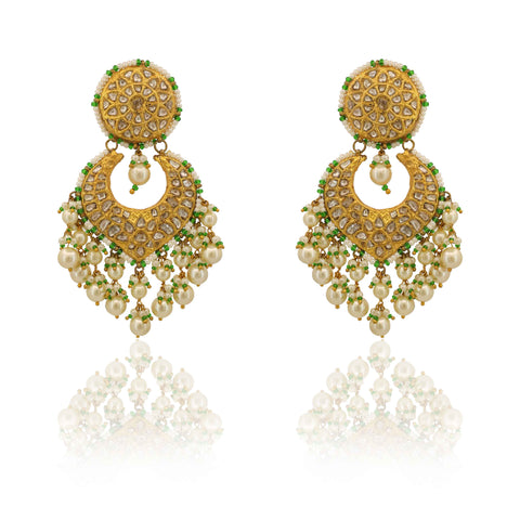 Jahanara Pearl & Green Bead Polki Chandbalis