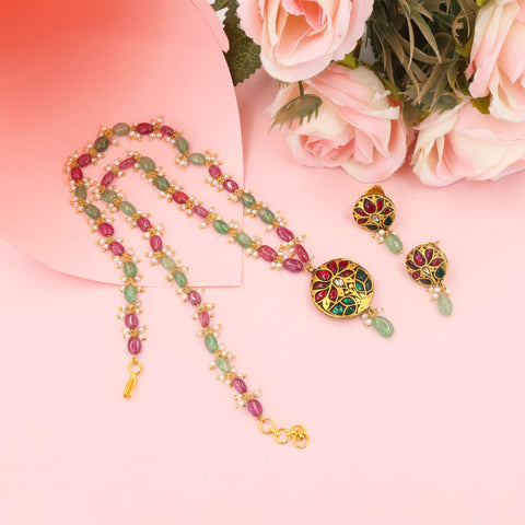 Lotus Bloom Polki & Multi-Stone Pendant Set