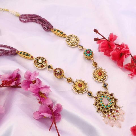 Antique Multi-Stone Gold Polki Pendant Necklace