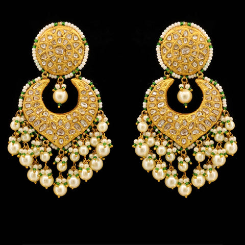 Jahanara Pearl & Green Bead Polki Chandbalis