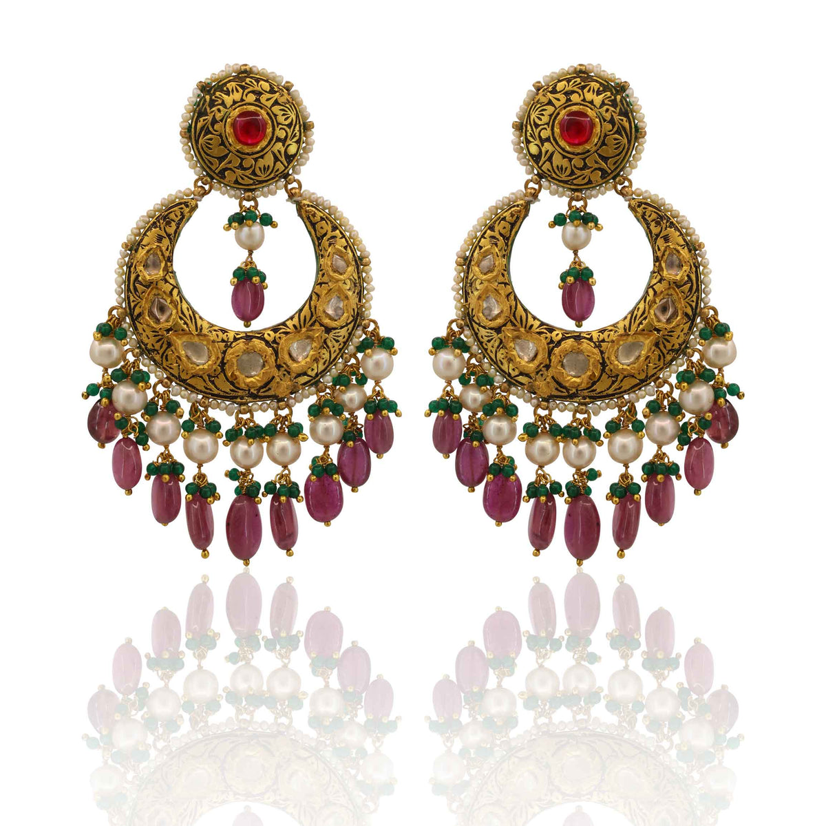 Partash Work with Polki Diamonds, Ruby, Emerald Chandbaali