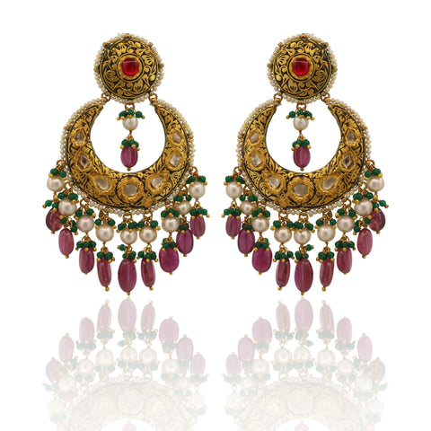 Partash Work with Polki Diamonds, Ruby, Emerald Chandbaali
