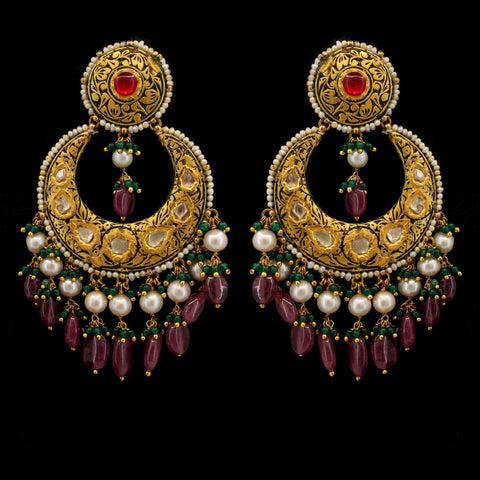 Partash Work with Polki Diamonds, Ruby, Emerald Chandbaali