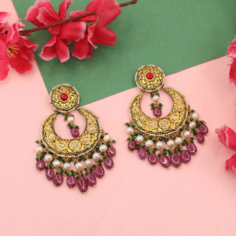 Partash Work with Polki Diamonds, Ruby, Emerald Chandbaali